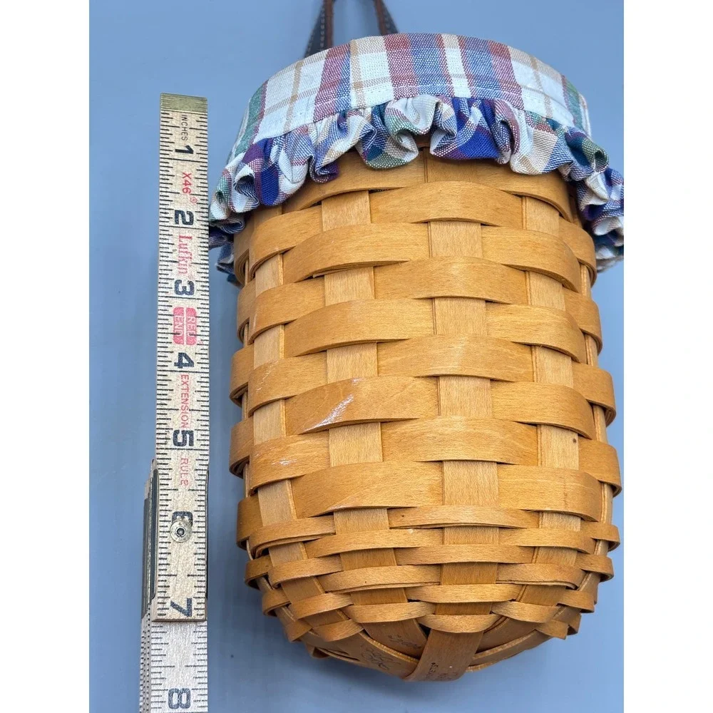 Longaberger 2001 Gatehouse Handwoven Hanging Basket Plaid Liner Leather Handle